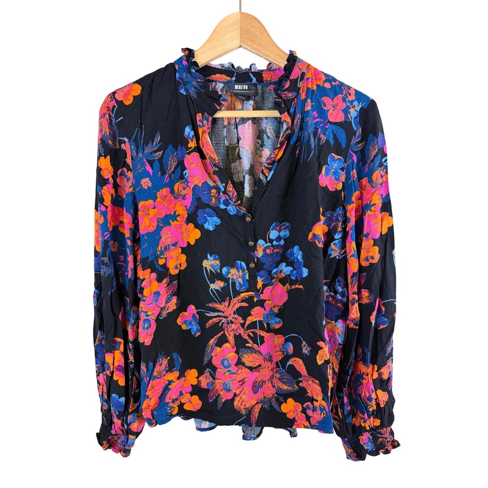 Maeve Floral Blouse Women Medium Black Ruffle Neck Smocked Cuff Long Sleeve